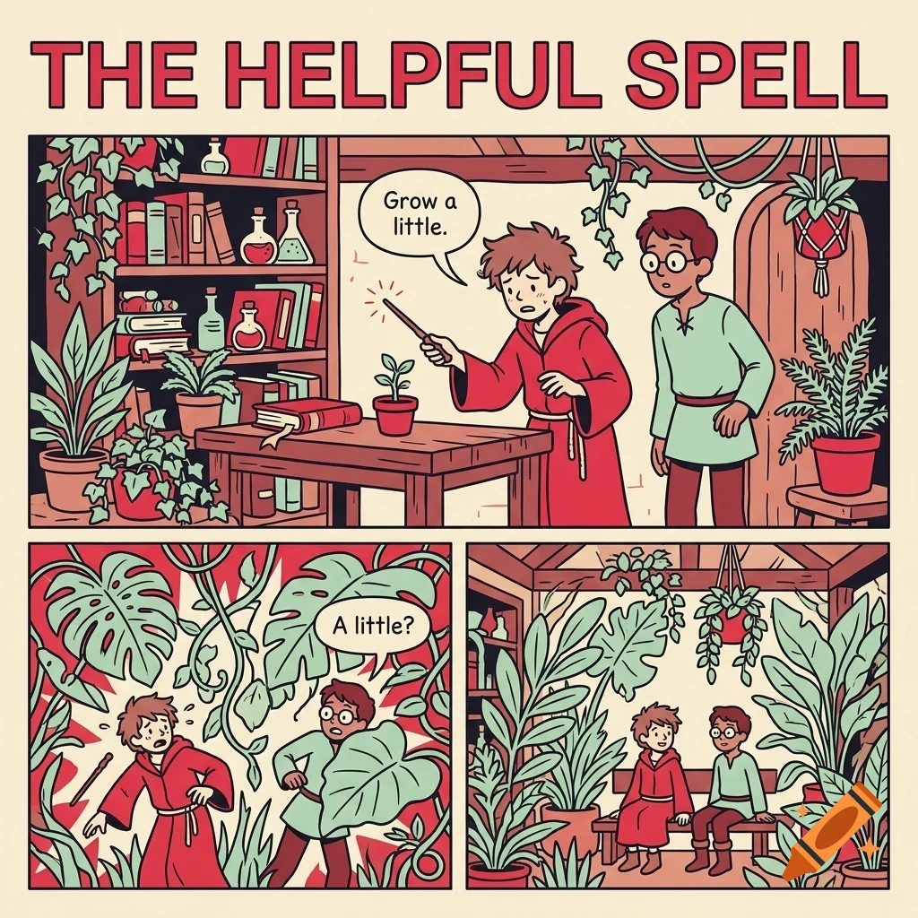 A comic strip titled The Helpful Spell showing a young wizard casting a spell on a potted plant, causing massive plant growth that overtakes the room.
