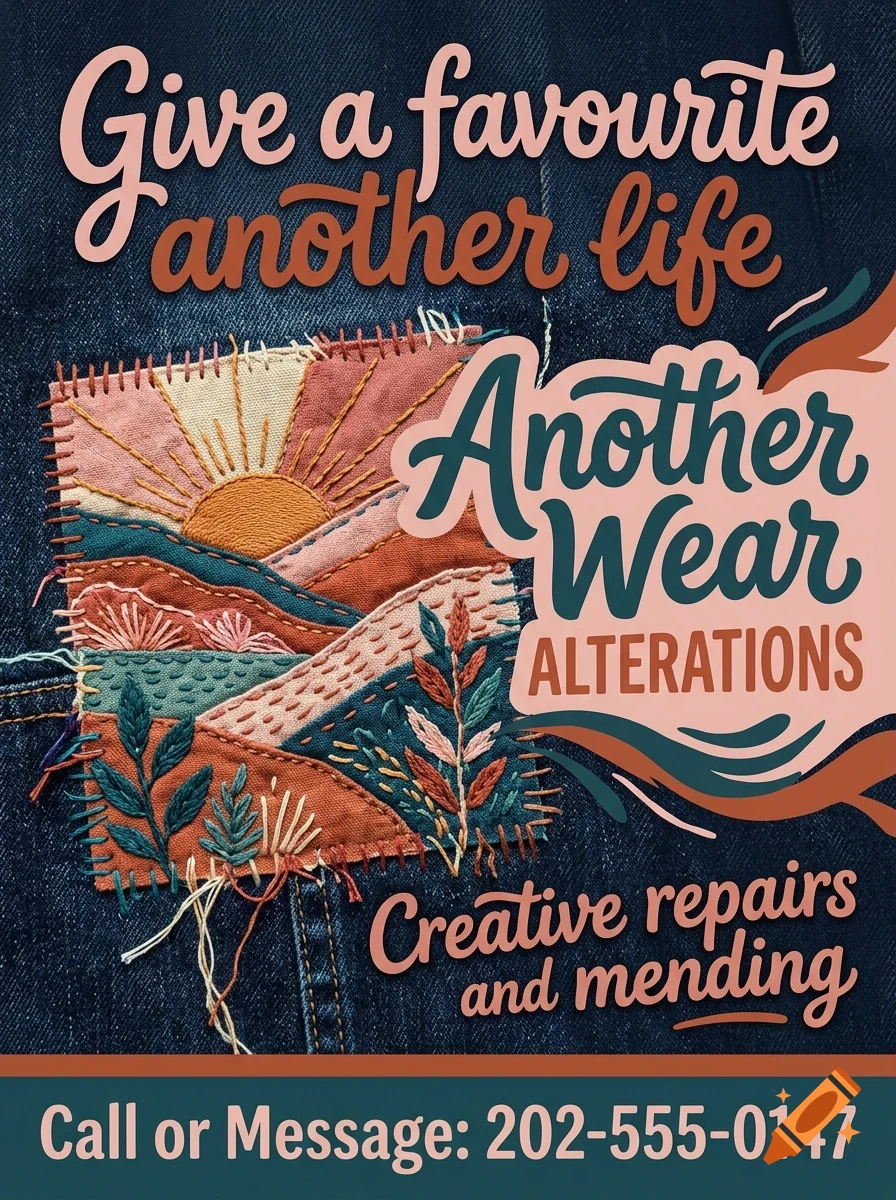 An illustration of a clothing patch with mountains and a sun, surrounded by lettering such as Another Wear Alterations.