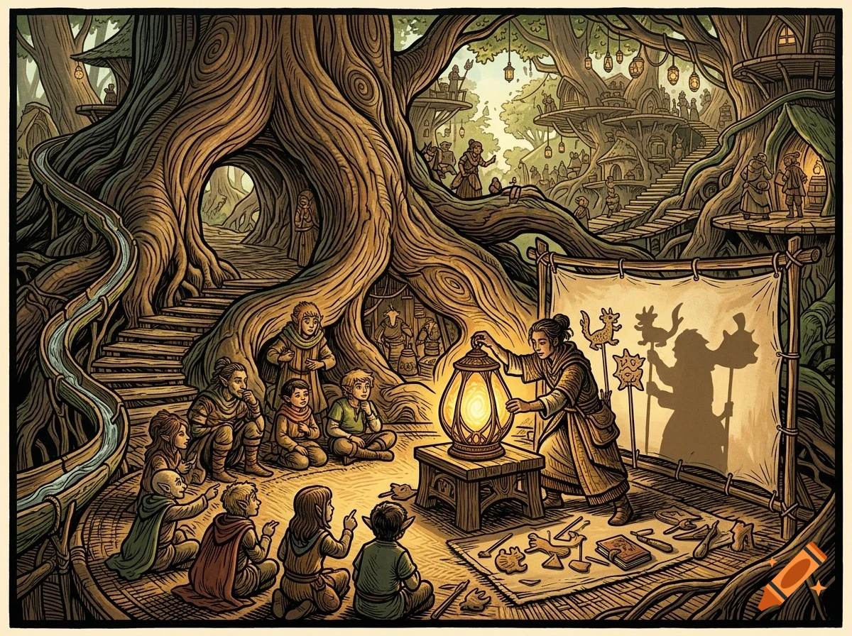 An illustrated fantasy scene shows a person performing a shadow puppet show with a lantern for a group of children inside a giant treehouse village.