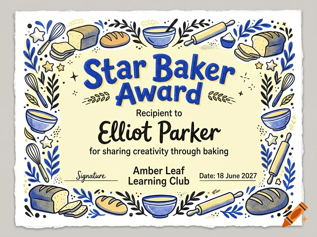 An illustrated Star Baker Award certificate featuring baking-themed illustrations like bread, whisks, and bowls, with blue and yellow accents.