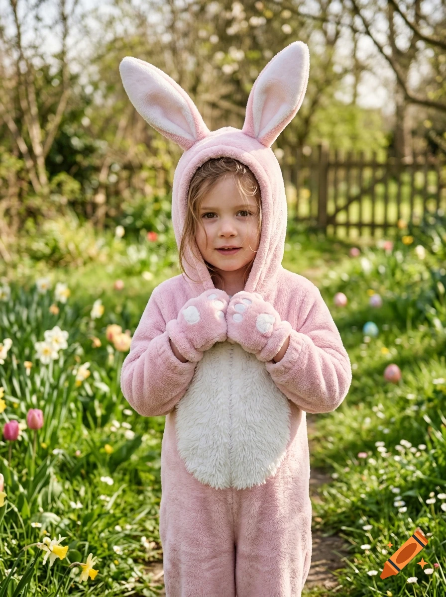 A young child dressed in a fluffy pink bunny costume with matching gloves in a sunny garden with spring flowers.