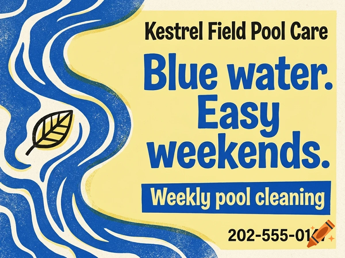 An advertisement for Kestrel Field Pool Care featuring wavy blue water graphics, a leaf icon, and text reading Blue water. Easy weekends.