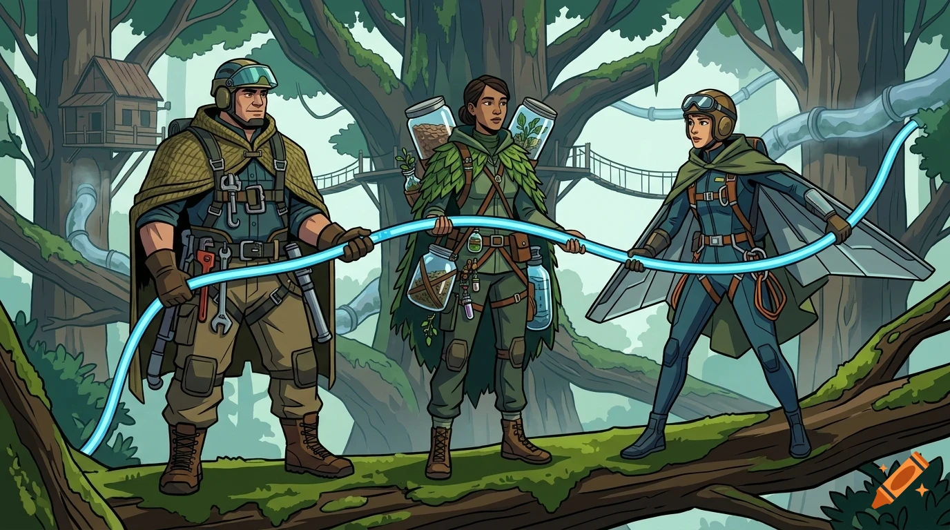 Three people in tactical gear and capes holding a glowing blue tube in a dense forest.