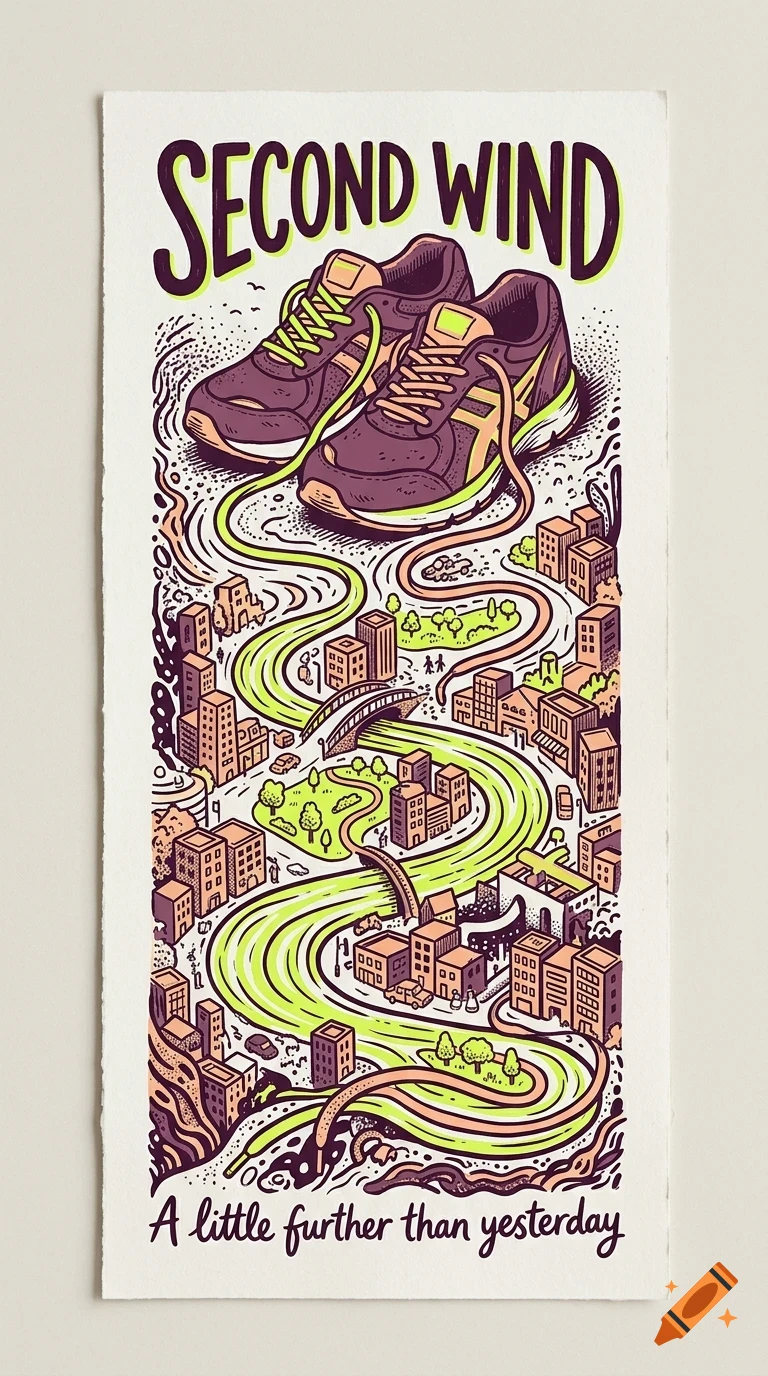 An illustrated poster with the text 'SECOND WIND' at the top and 'A little further than yesterday' at the bottom, featuring a pair of running shoes whose laces twist down into a winding road through a city.