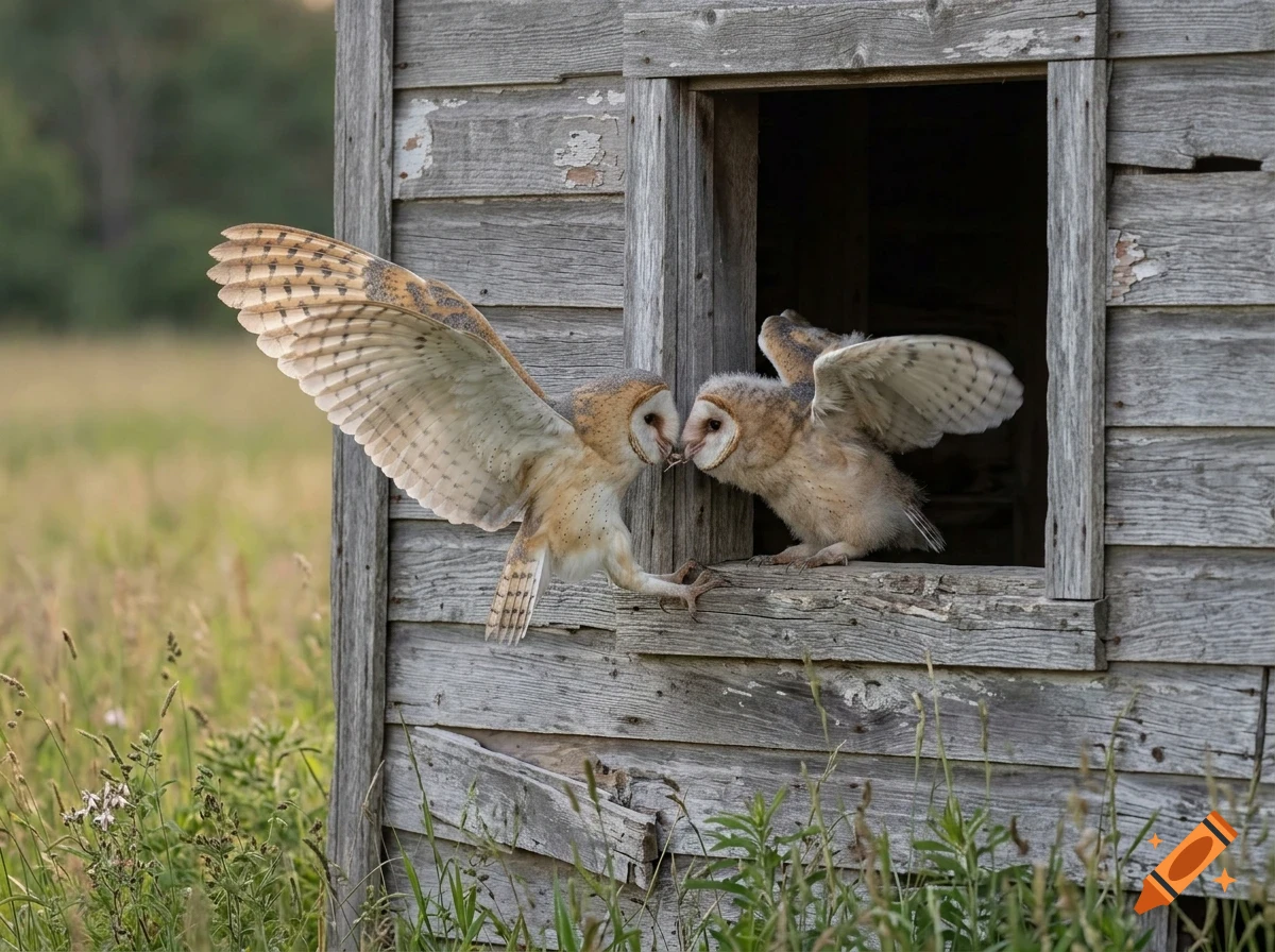 Two barn owls interacting near the window of a rustic wooden shed.