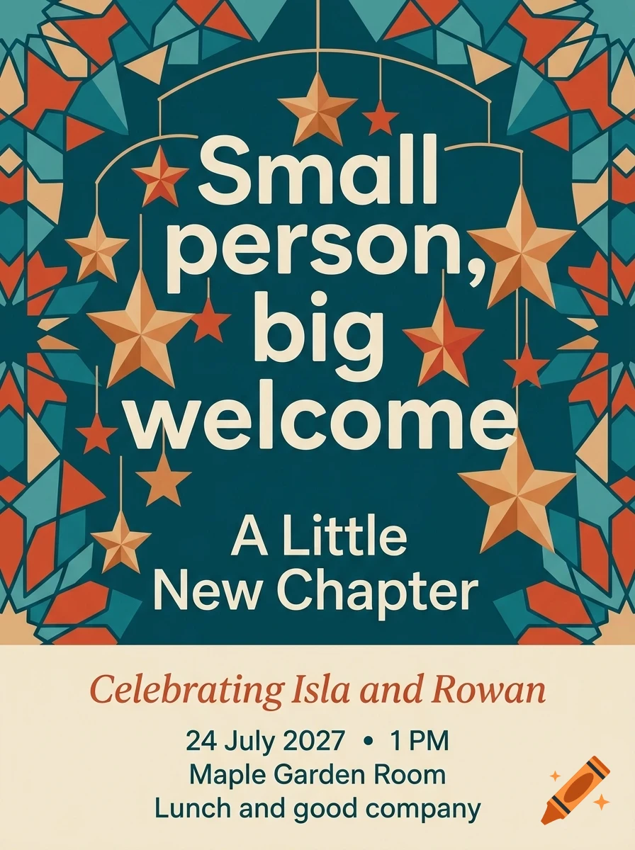 An invitation design featuring the text Small person, big welcome and hanging star decorations against a patterned teal background.