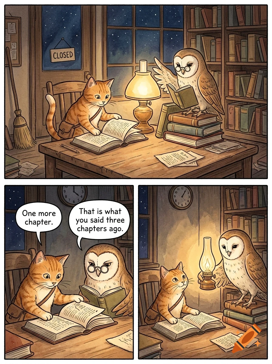 A comic strip showing an anthropomorphic orange cat and an owl wearing glasses reading books late at night in a library.