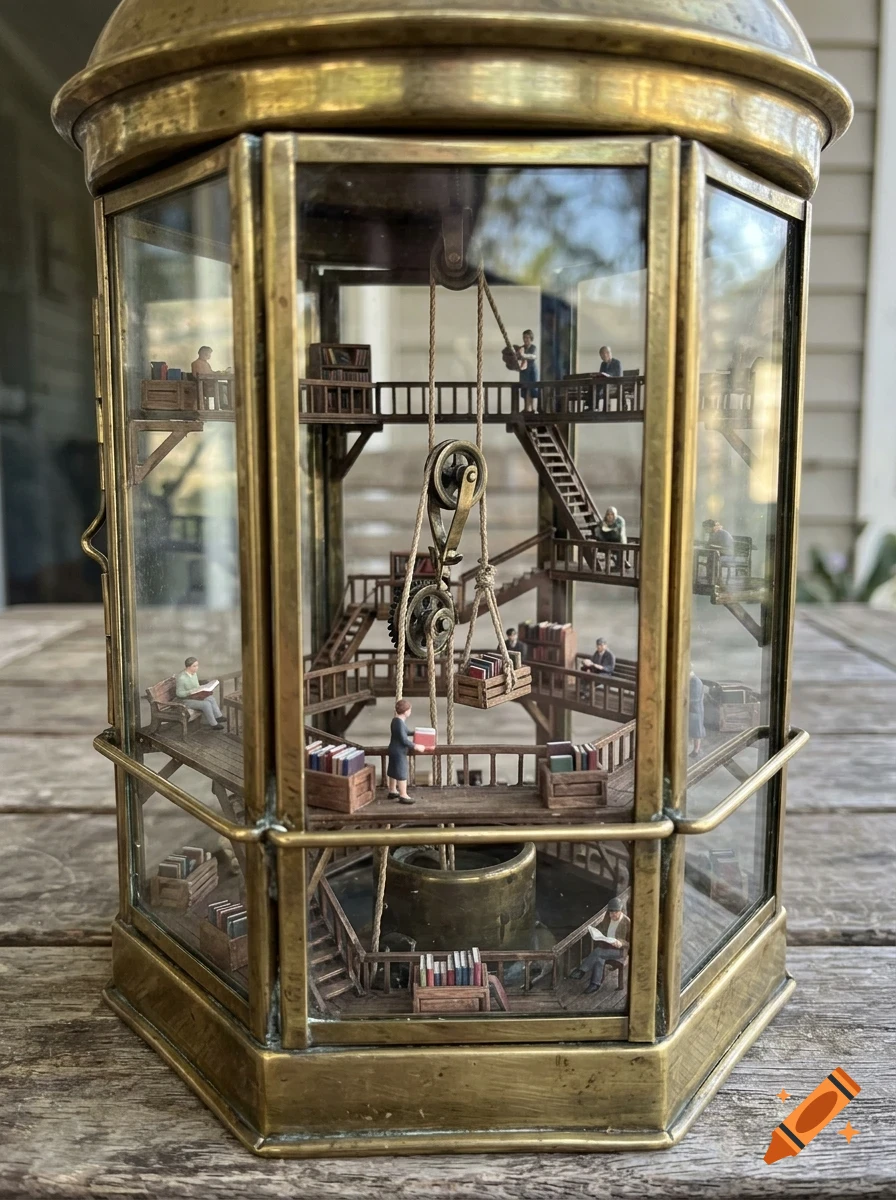 A detailed miniature library scene housed inside a vintage brass and glass lantern, featuring tiny figures of people reading and moving books on multi-level wooden balconies connected by stairs and a pulley system.