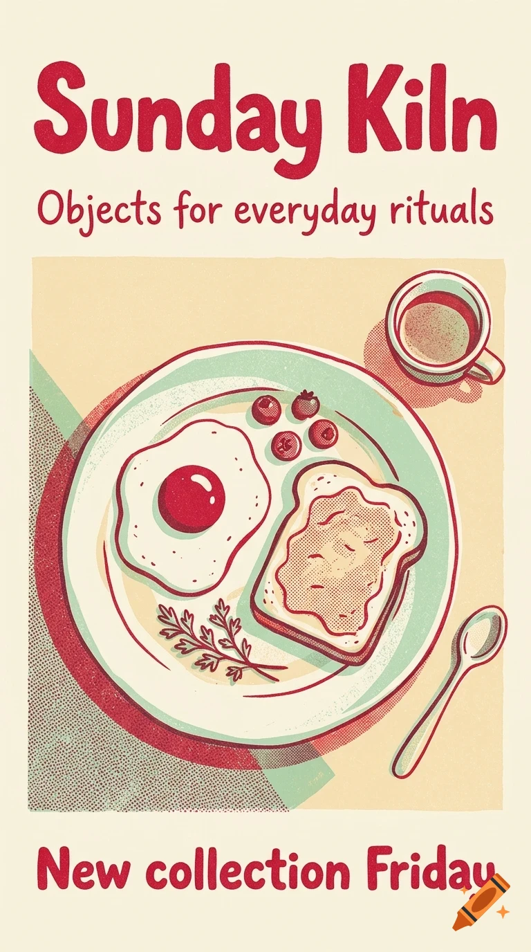 An illustrated poster featuring a breakfast plate with an egg, toast, berries, alongside a cup of coffee and text reading Sunday Kiln.