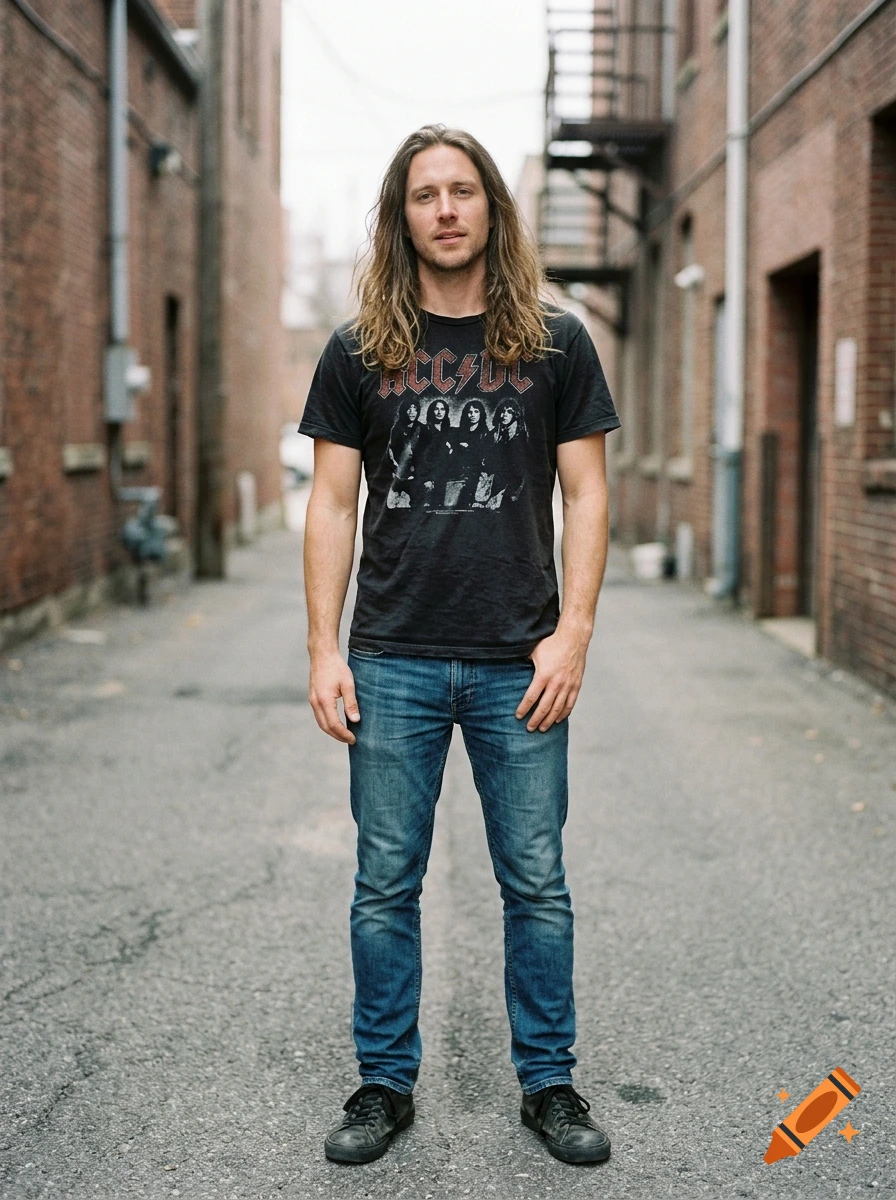 Full-length photorealistic portrait of a man with long hair wearing an AC/DC band t-shirt and jeans in a brick alleyway.