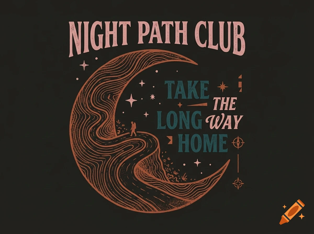 An illustrated graphic with a large crescent moon, a winding path with a tiny figure walking, stars, and the text "NIGHT PATH CLUB TAKE THE LONG WAY HOME".