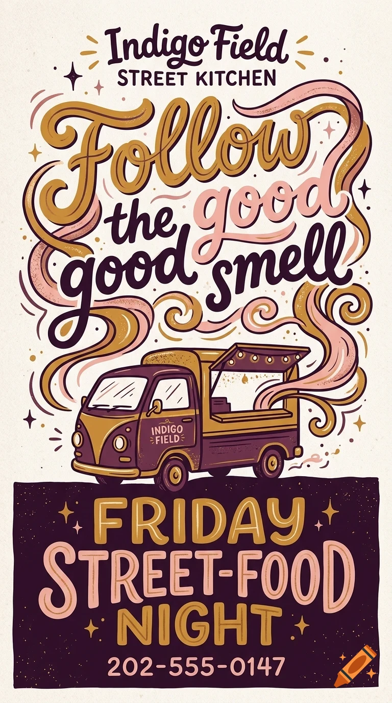 An illustrated poster advertising Friday street-food night with lettering, a food truck, and decorative swirls.