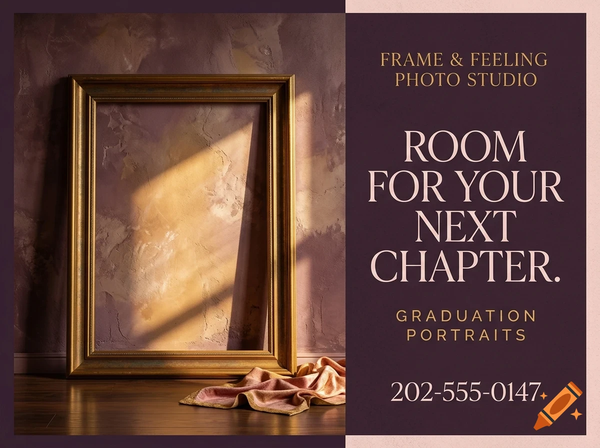 An empty wooden frame leans against a textured wall with text on the right side advertising graduation portraits.