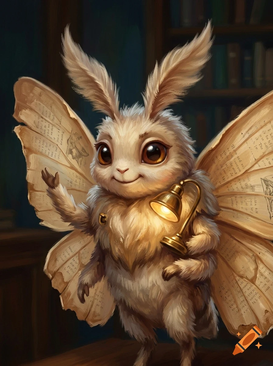 A fluffy fantasy creature with moth wings resembling old book pages, holding a small glowing desk lamp.