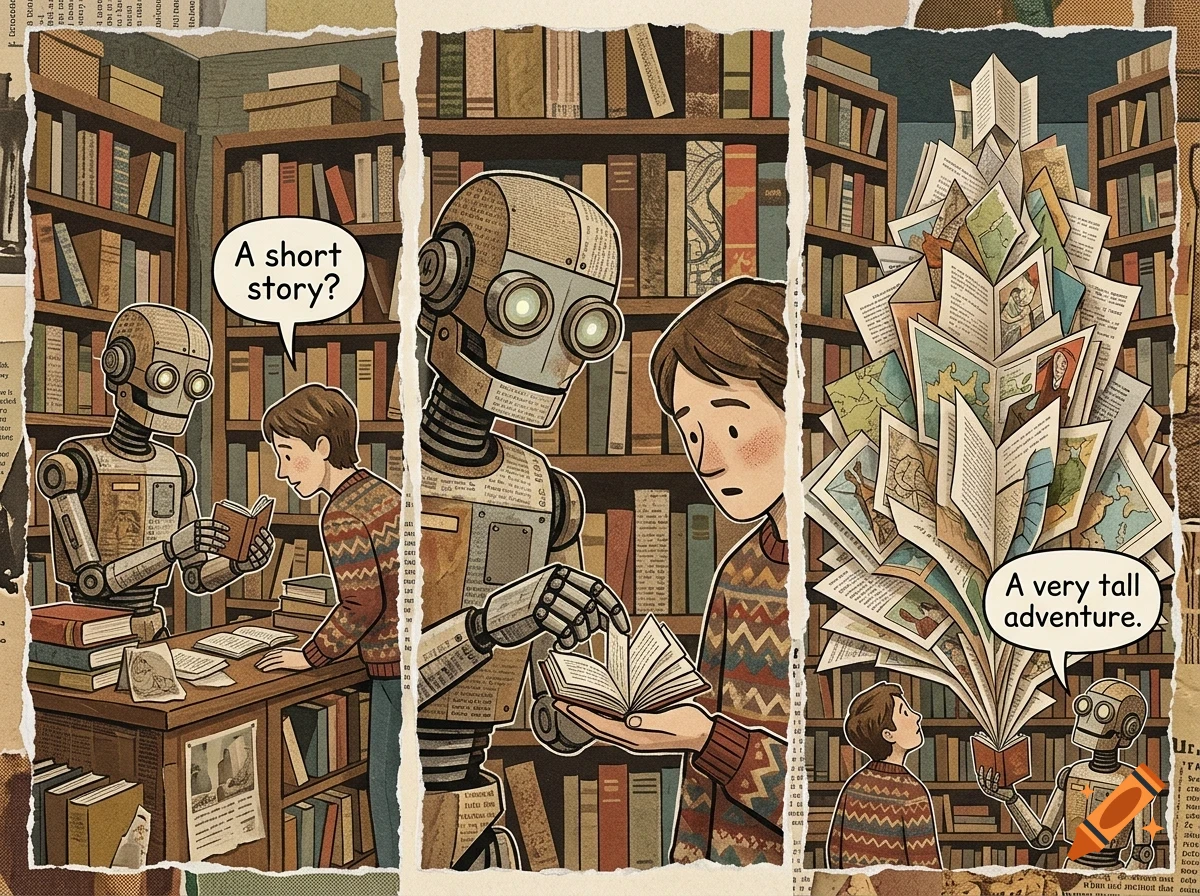 A three-panel comic illustration shows a young boy and a robot in a library surrounded by bookshelves, with speech bubbles containing text.