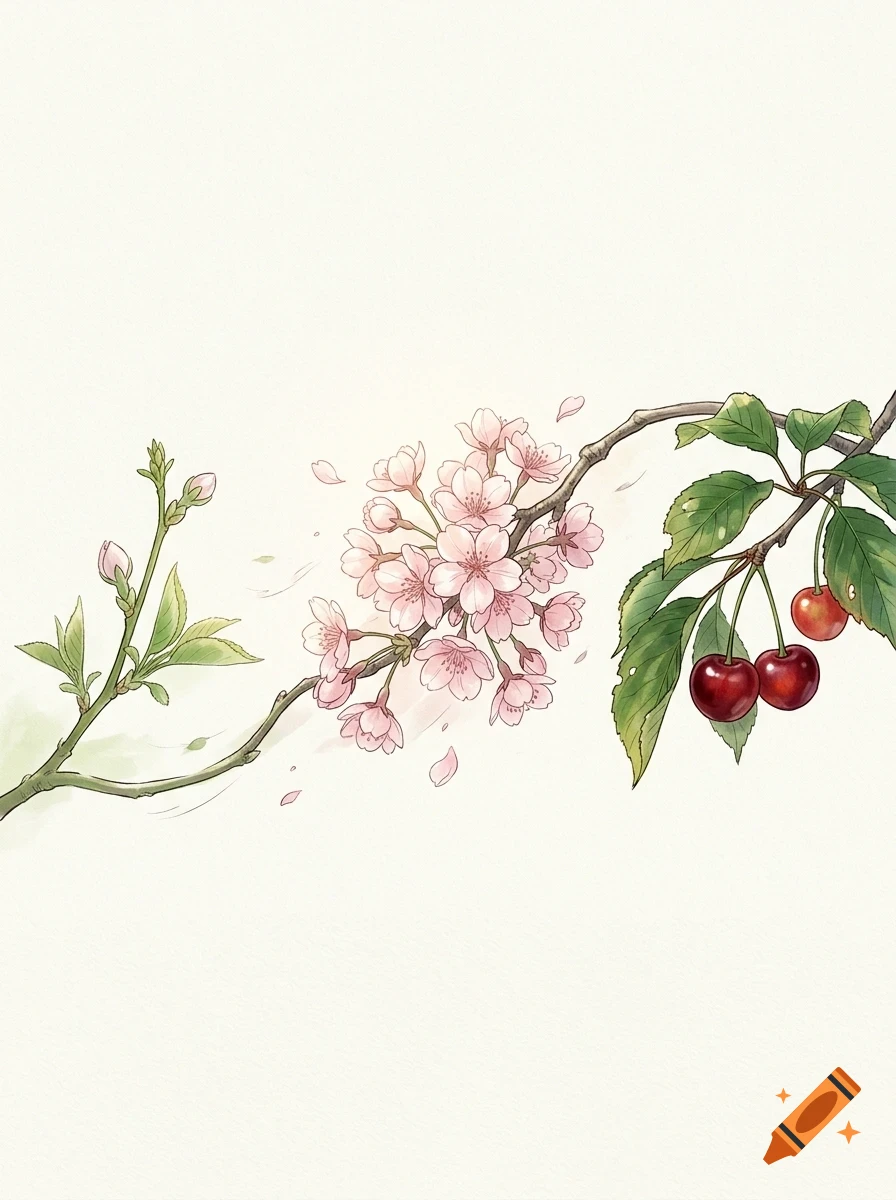 An illustration showing the seasonal progression of a cherry tree branch, from buds to pink blossoms and finally ripe cherries with green leaves.