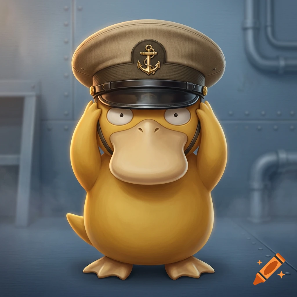 Digital illustration of a yellow Psyduck wearing a U.S. Navy chief petty officer khaki combination cover inside a ship.