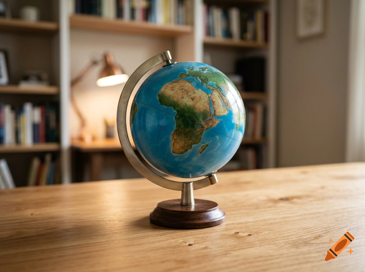 A photorealistic desktop globe sitting on a wooden desk with a bookshelf in the background.