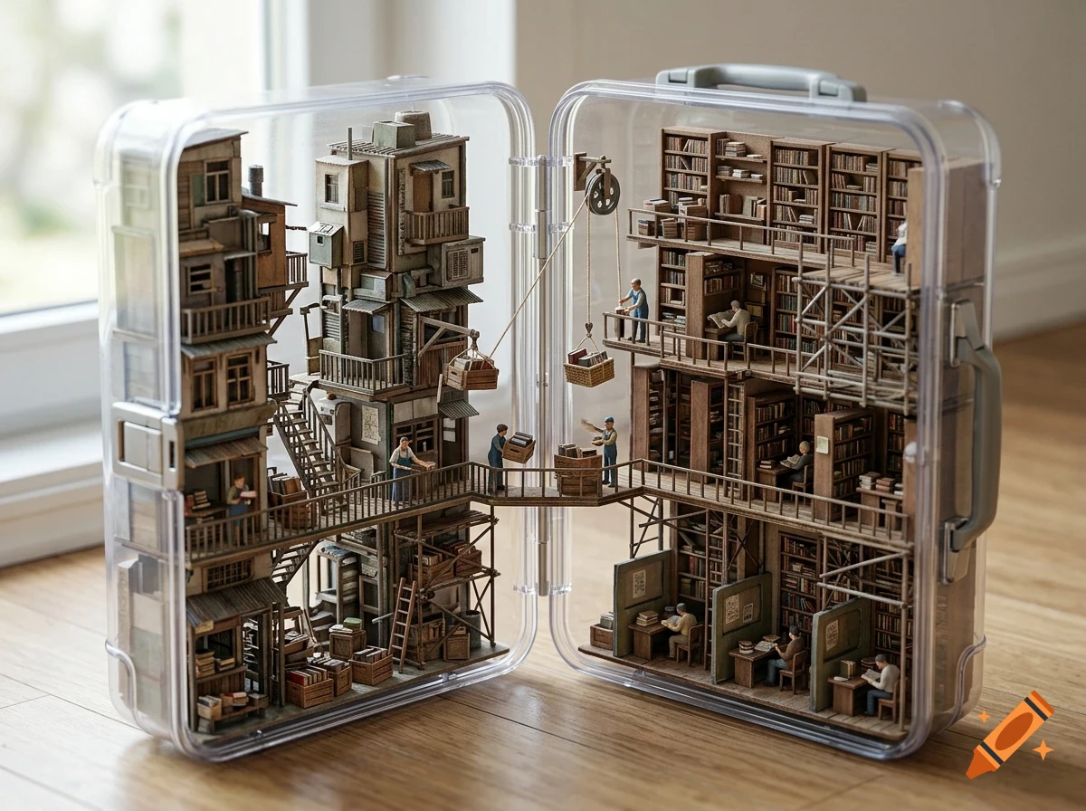 A detailed miniature diorama inside an open clear plastic suitcase, depicting buildings on one side and a multi-level library with tiny figures on the other.