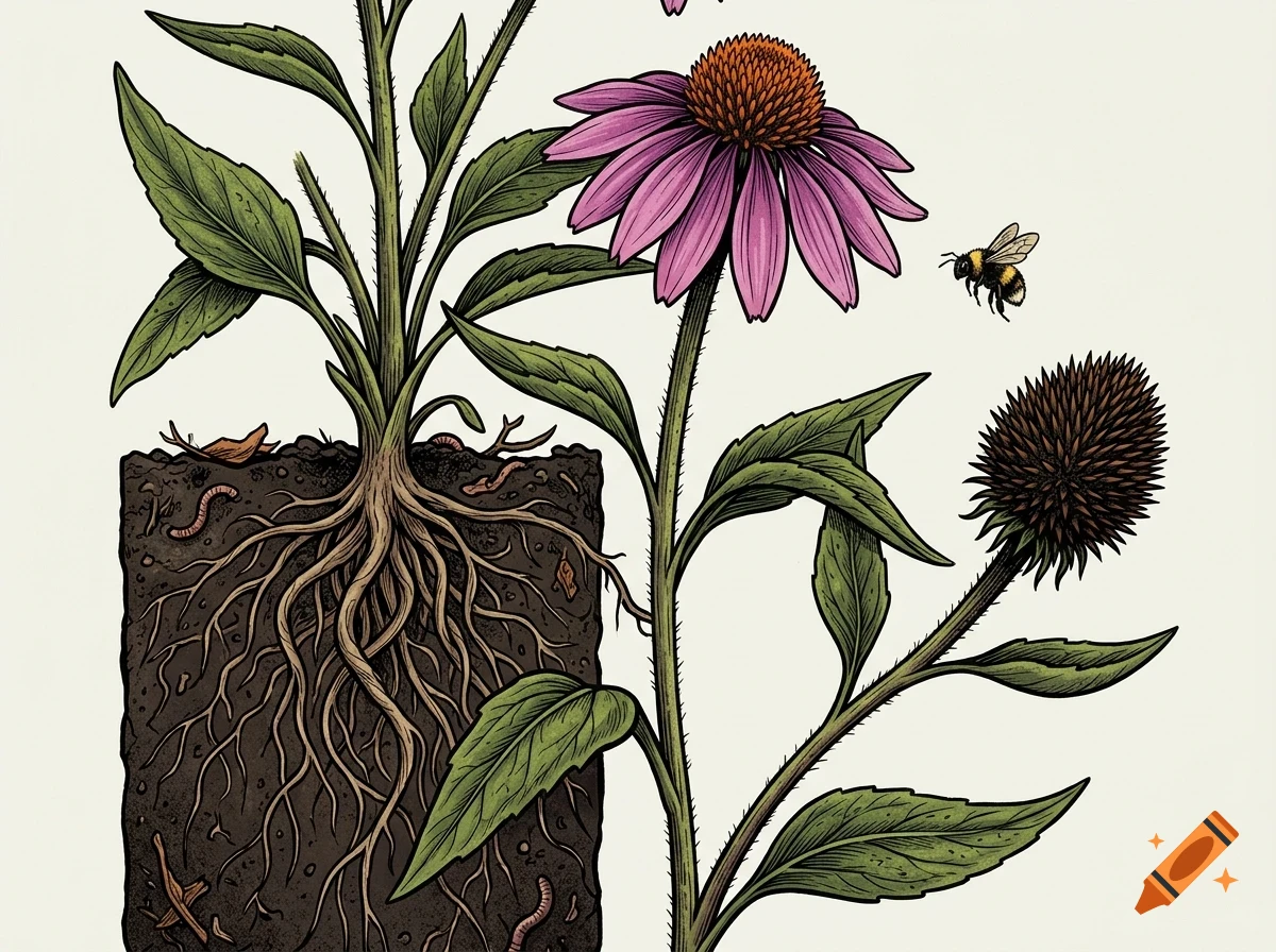 An illustrated diagram of a purple coneflower showing roots in soil and a bee flying nearby.