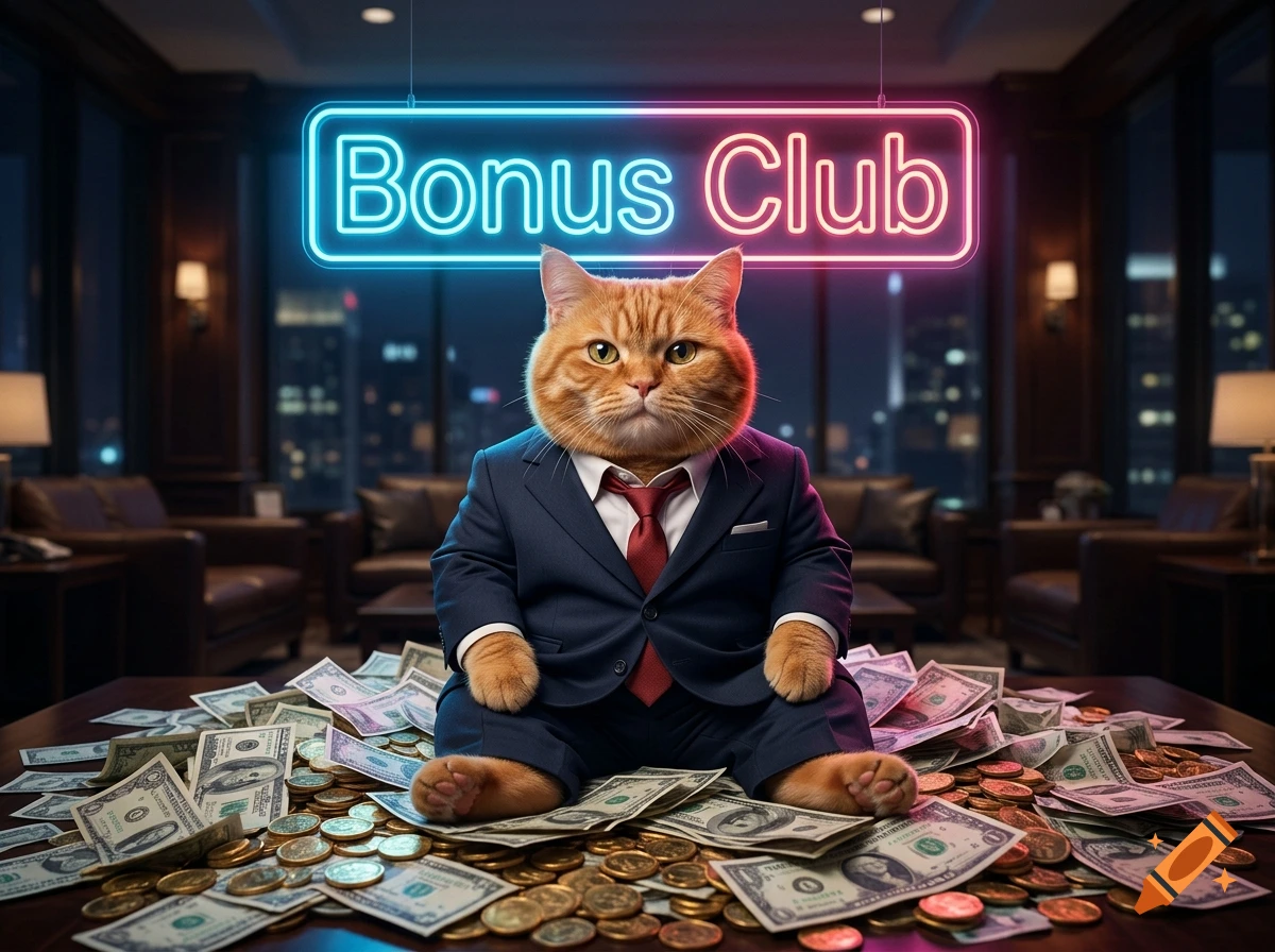 A photorealistic fat ginger cat in a suit sitting on a pile of money, with a neon sign reading Bonus Club above.