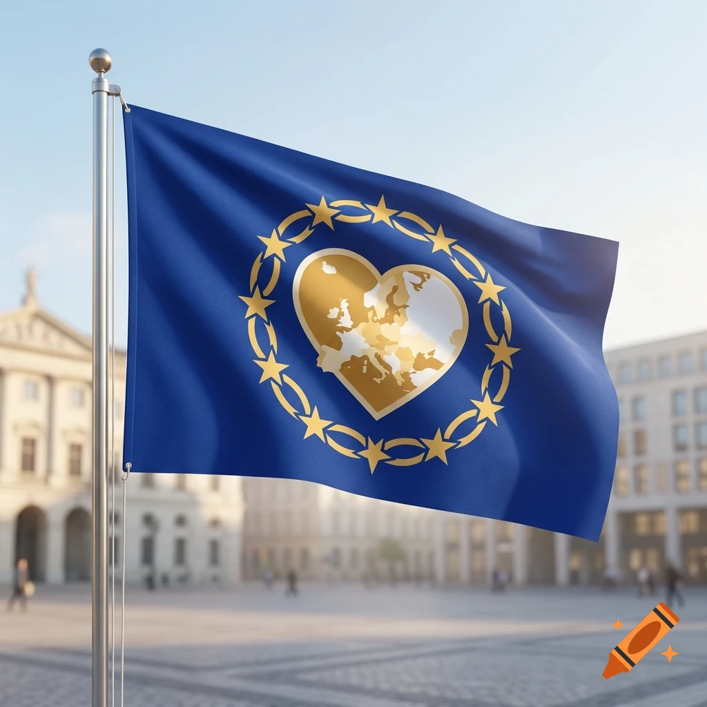 Photorealistic flag with a blue background, yellow stars, and a central gold heart containing a map of Europe, flying in a European square.