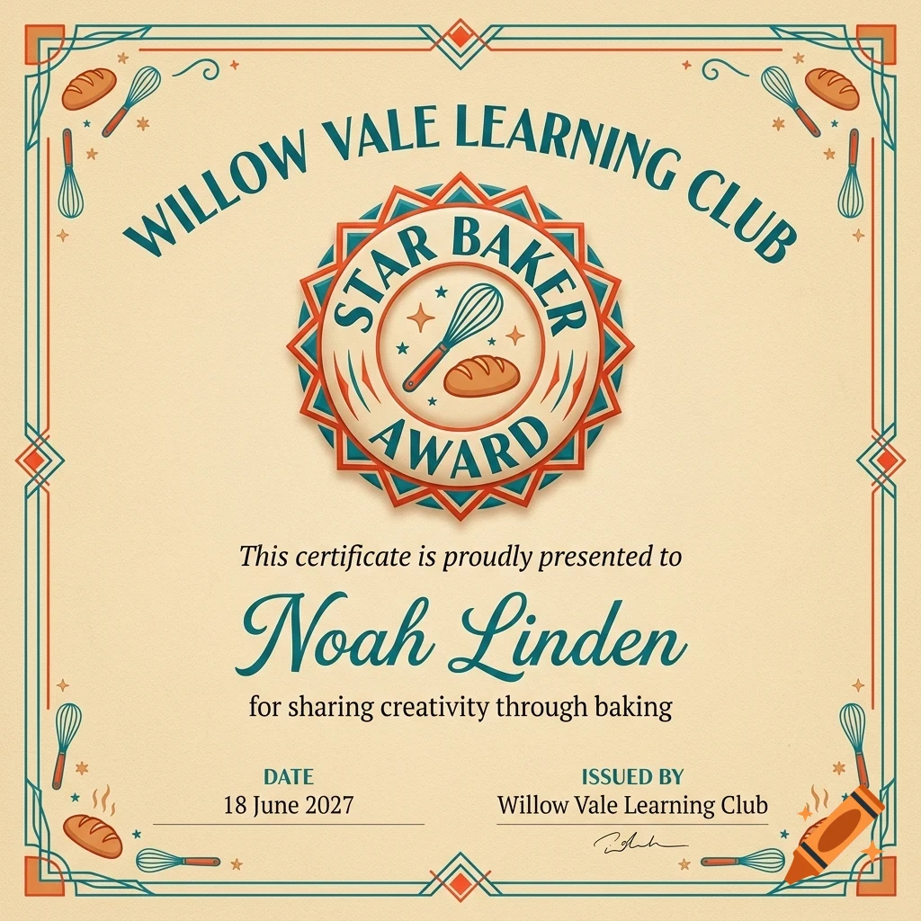 An award certificate titled Star Baker Award from Willow Vale Learning Club, presented to Noah Linden for sharing creativity through baking.