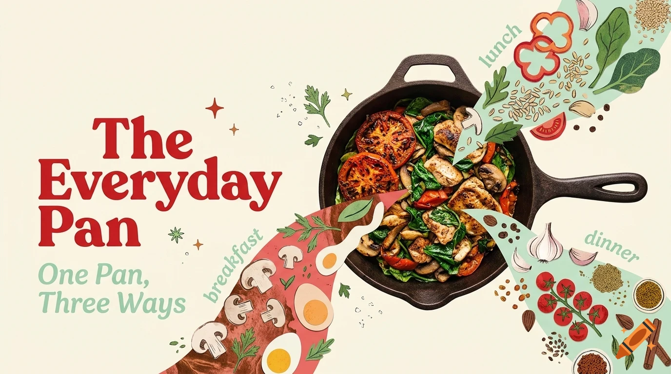 An illustrated top-down view of a cast iron pan filled with cooked food, surrounded by floating ingredients for breakfast, lunch, and dinner, alongside text reading The Everyday Pan: One Pan, Three Ways.