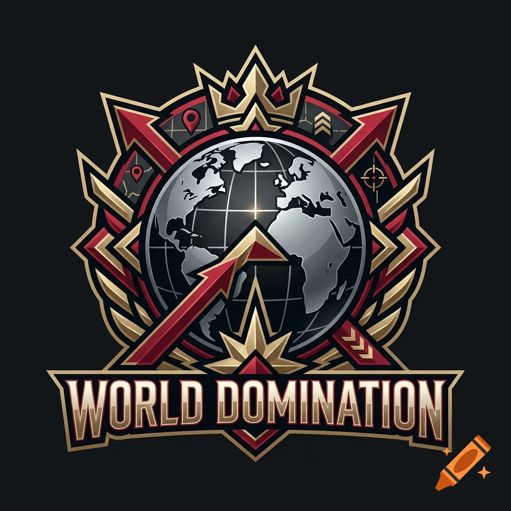 Esports style logo featuring a globe, a crown, and the text WORLD DOMINATION in metallic gold and red on a dark background.