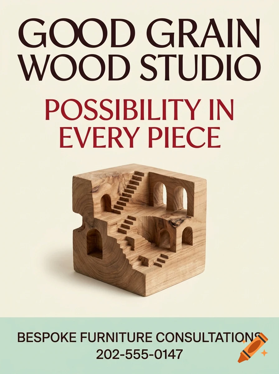 An advertisement for Good Grain Wood Studio featuring a carved wooden impossible staircase sculpture on a light background with text.