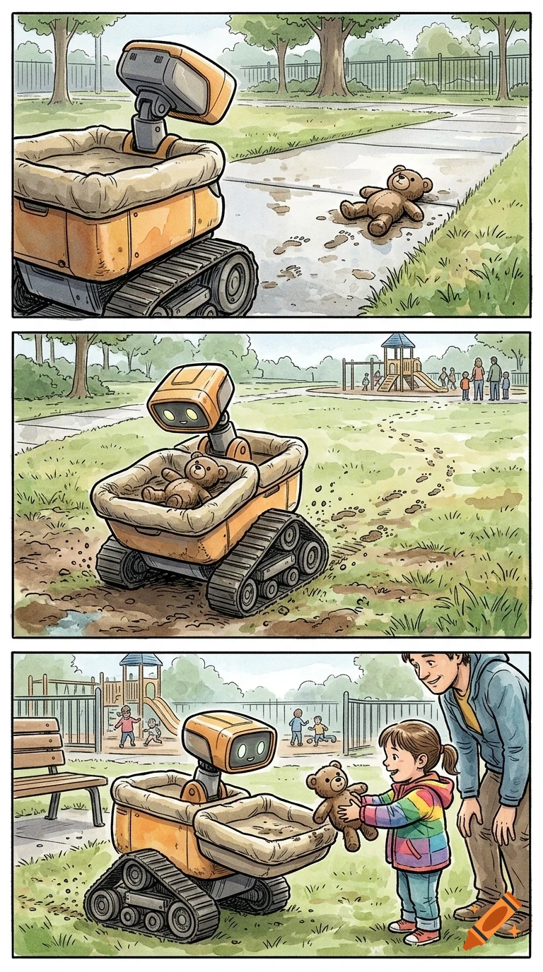 A three-panel comic illustration shows a small tracked robot finding a teddy bear on a path, picking it up, and returning it to a young girl at a park.