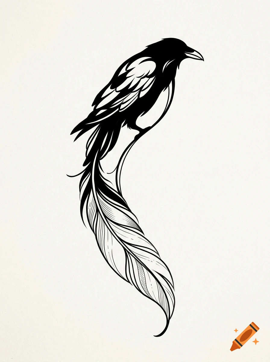 Black and white vector illustration of a bird perched on a long flowing feather.