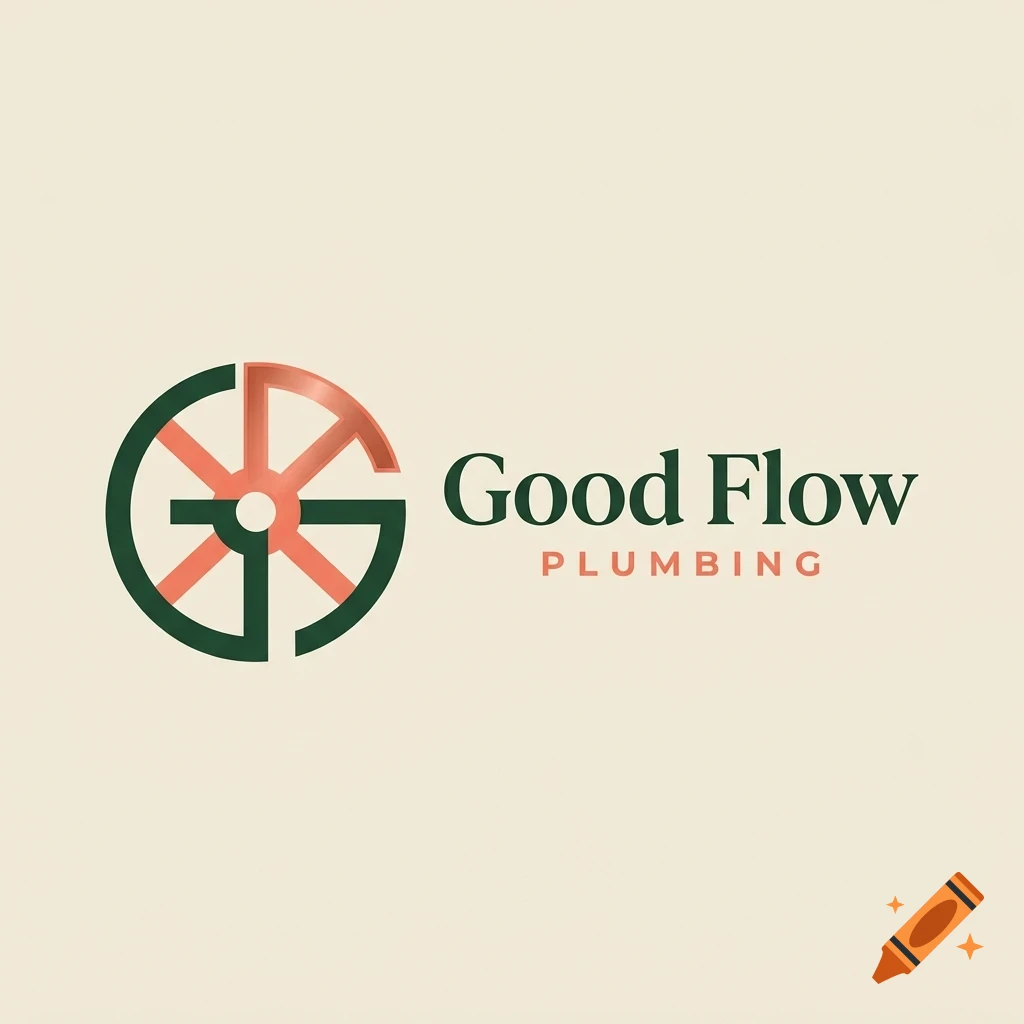 A logo for Good Flow Plumbing featuring a circular monogram combining the letters G and a valve wheel, next to the text Good Flow Plumbing.