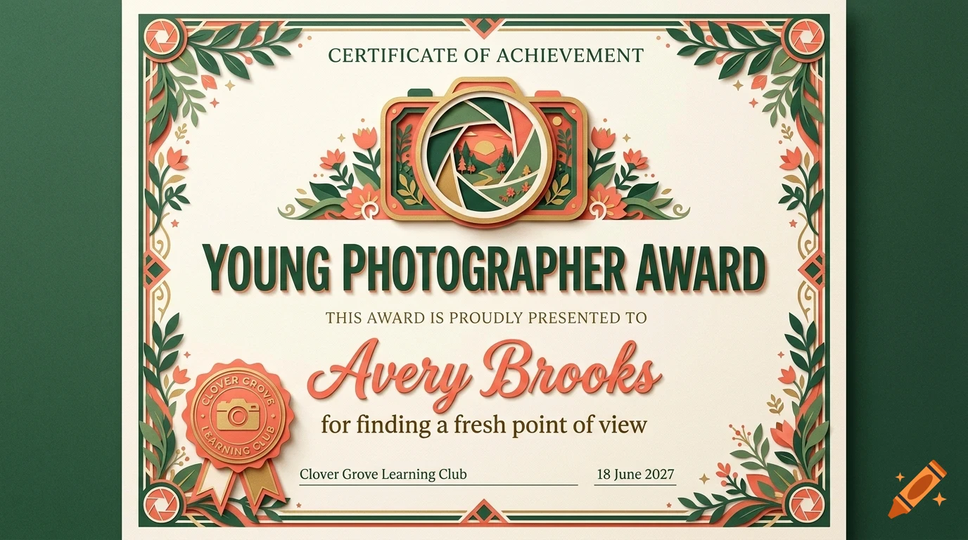 A certificate of achievement titled Young Photographer Award with floral and camera motifs in a layered papercraft style.