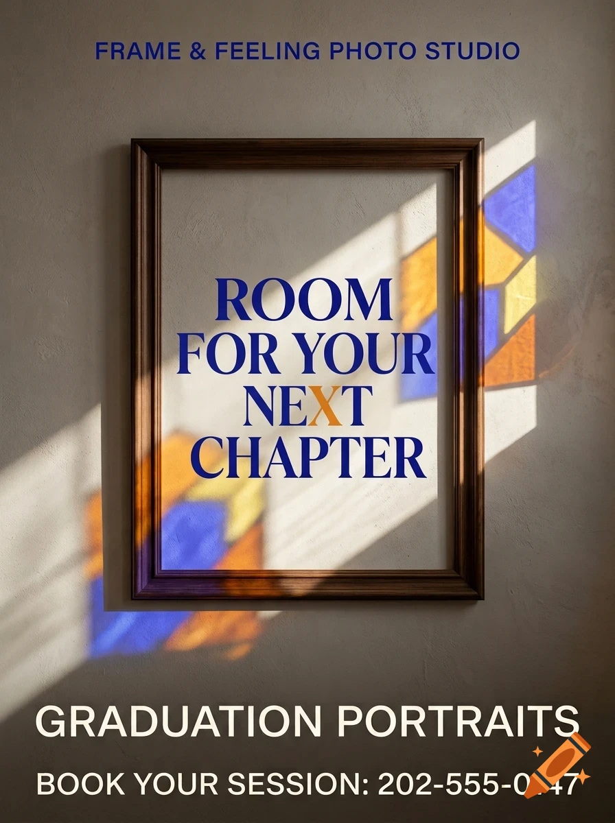 An empty wooden picture frame hangs on a plain wall, illuminated by colorful stained-glass light patterns, with text reading ROOM FOR YOUR NEXT CHAPTER inside.