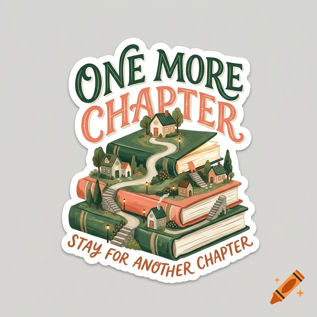 A sticker design featuring a stack of books with tiny houses nestled among the pages, roads connecting them, and the text ONE MORE CHAPTER and STAY FOR ANOTHER CHAPTER.