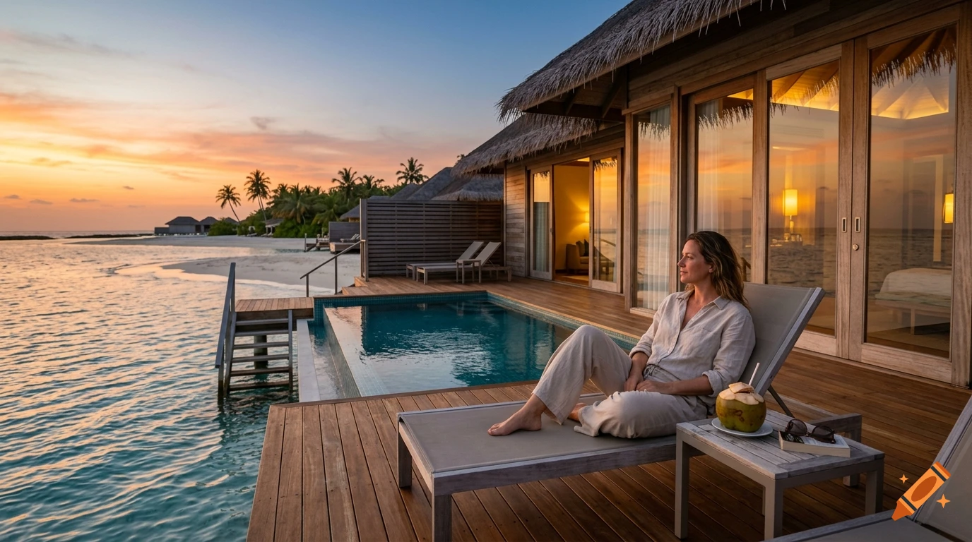 Photorealistic image of a woman relaxing on a wooden terrace of an overwater bungalow in the Maldives at sunset.