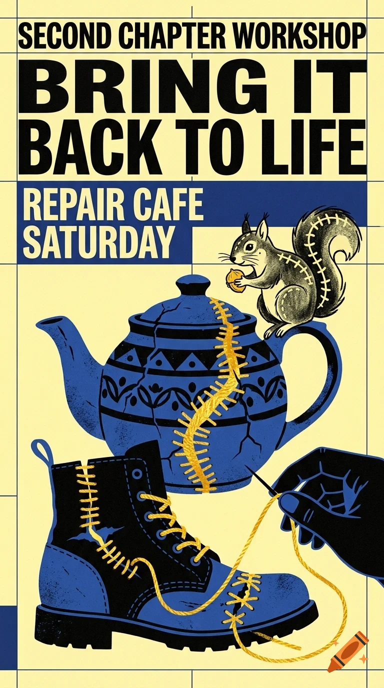 A poster with text reading 'SECOND CHAPTER WORKSHOP BRING IT BACK TO LIFE REPAIR CAFE SATURDAY' showing a hand sewing a boot and a teapot, with a squirrel eating a nut.