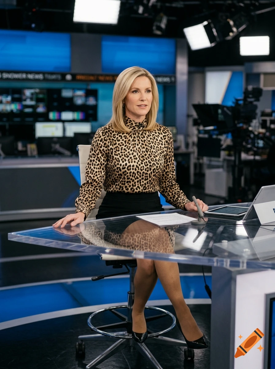 Photorealistic image of a female cable news anchor with blonde hair wearing a leopard print blouse and sitting at a glass desk.