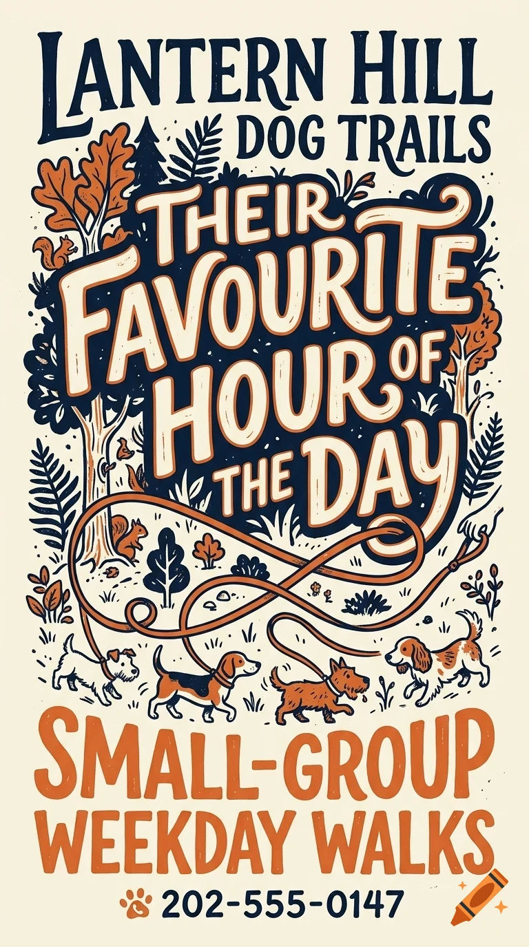 An illustrated poster for Lantern Hill Dog Trails featuring bold lettering, four dogs on leashes, trees, and small animals.