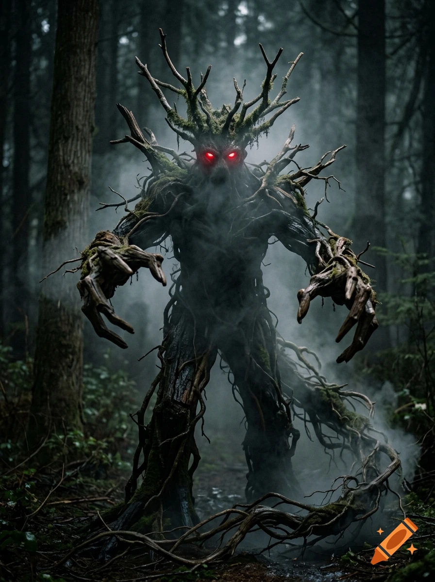 A terrifying forest creature made of trees, moss, and branches with glowing red eyes, standing in a misty dark forest.