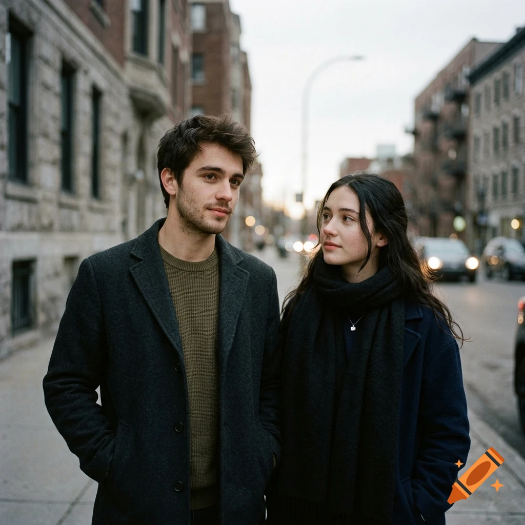 Photorealistic image of a young man and woman standing on a city street, looking at each other.