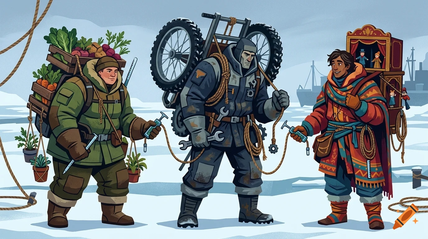 Three people in heavy winter clothing standing in a snowy landscape with cargo, including a crate of vegetables, a motorcycle frame, and a puppet theater.