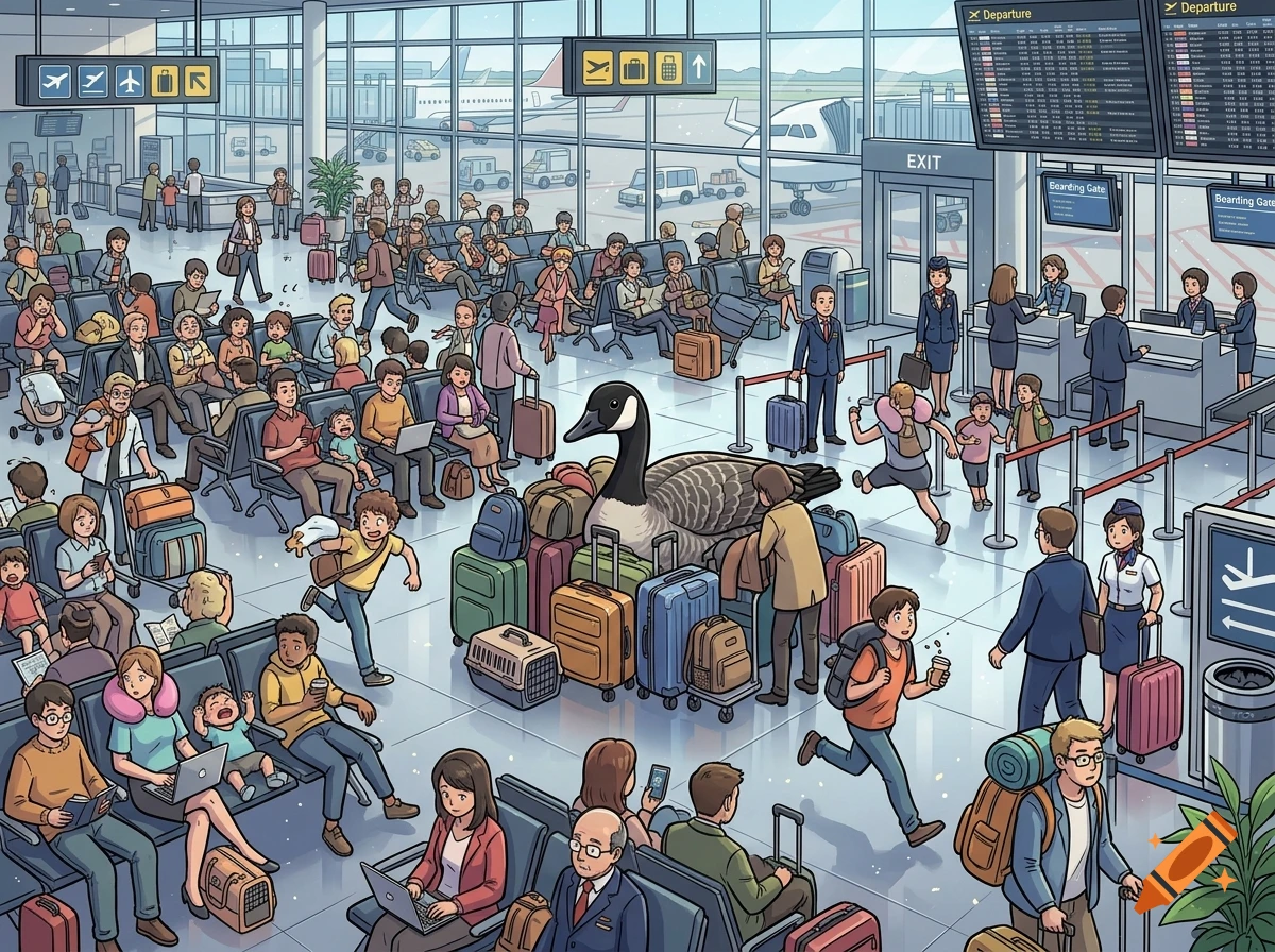 Detailed illustrated airport terminal scene in the style of Where's Waldo, featuring a large Canada goose hidden amongst luggage.