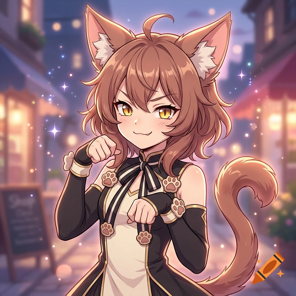 Anime style illustration of a cute girl with cat ears and tail striking a pose in a street setting at dusk.