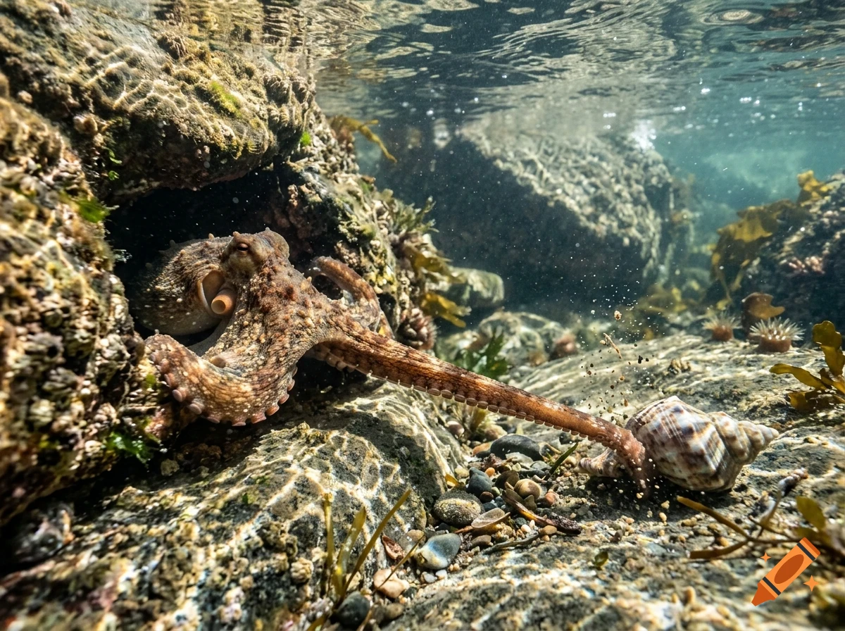 An octopus hiding in a rocky underwater crevice reaching out to touch a seashell on the seabed.