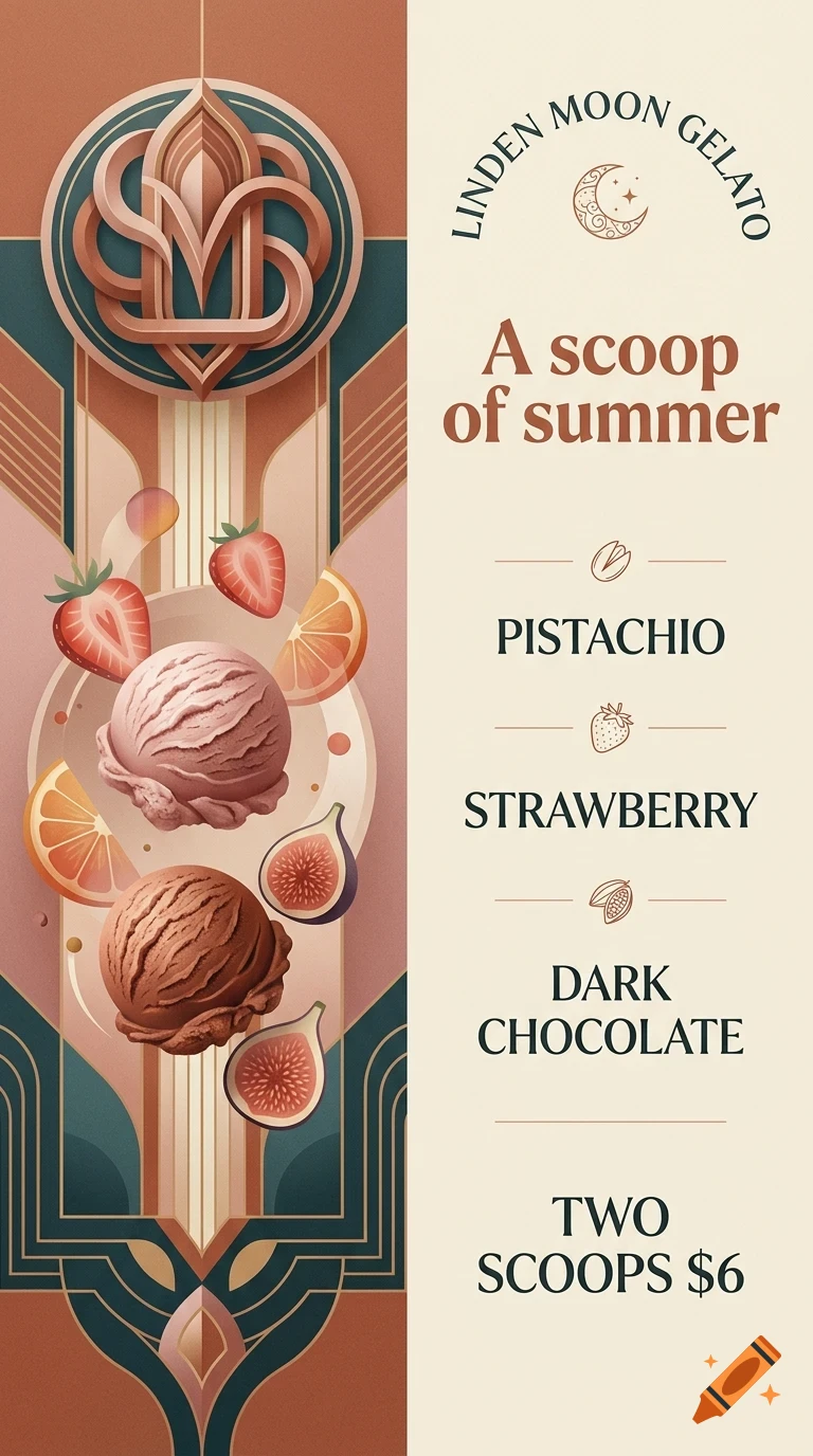 An illustrated menu poster for Linden Moon Gelato featuring scoops of ice cream, fruit graphics, and text listing flavors like pistachio and strawberry.