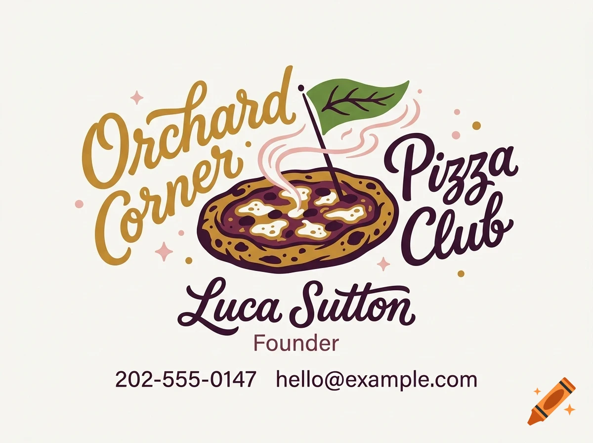 A stylized design for Orchard Corner Pizza Club with a pizza graphic, text, and contact information.