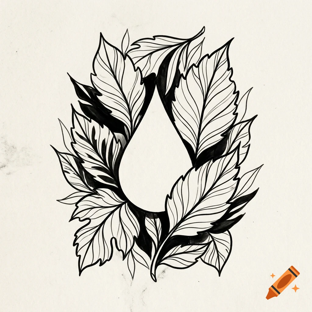 A black and white ink drawing featuring a teardrop shape surrounded by detailed leaves.