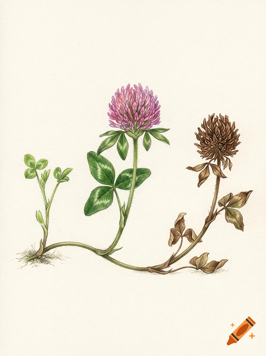 Botanical illustration of a red clover plant showing a growing sprout, a flowering head with pink blossoms, and a withered, dried flower on a light background.